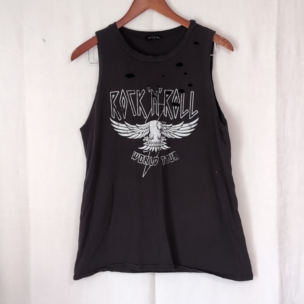 Zutter Black Sleeveless Holey Distressed Rock N Roll Tank Size Medium